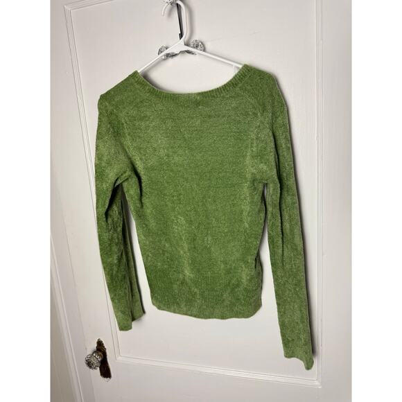Vintage Y2K 00s Bratz Green Fuzzy V-neck Cropped Long Sleeve Sweater Medium - Picture 3 of 5